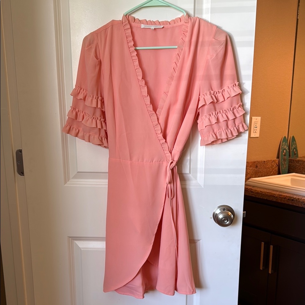 Chic Pink Ruffle Wrap Dress